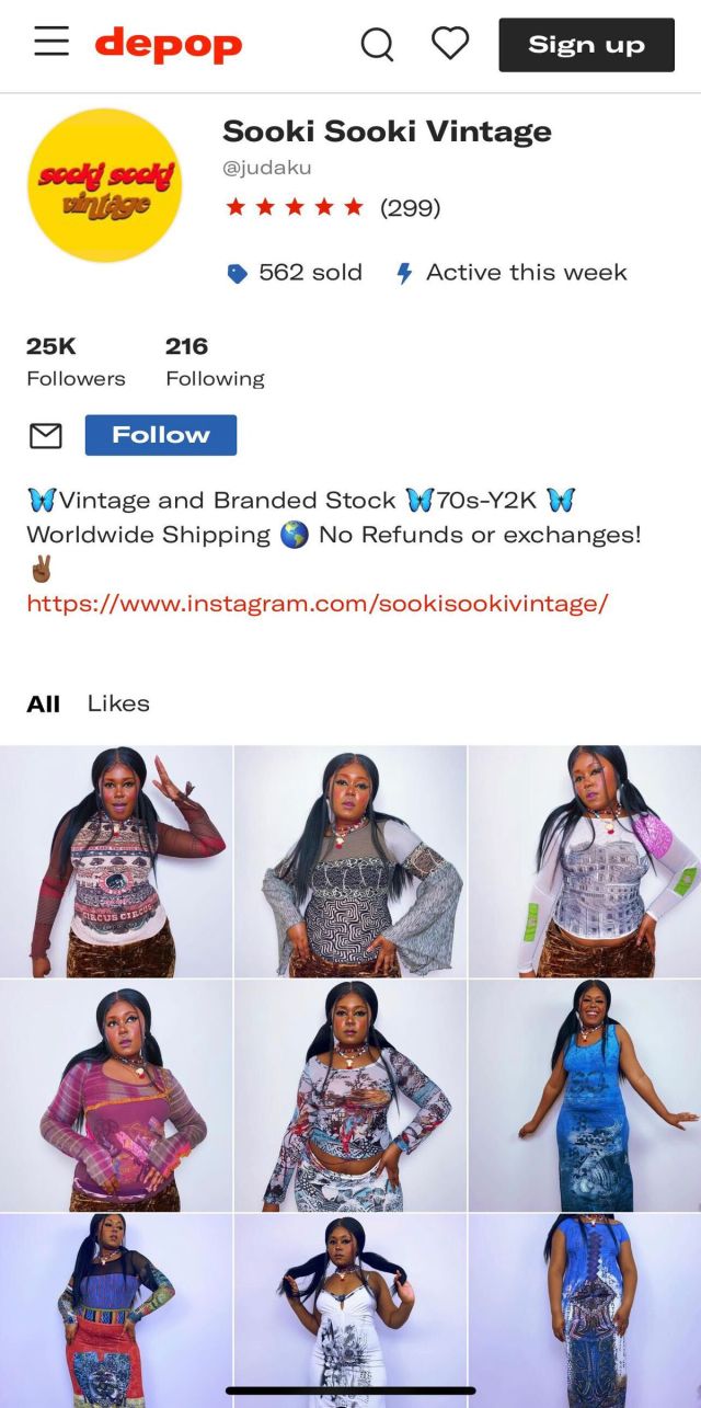 screenshot of depop clothing shop sooki sooki vintage