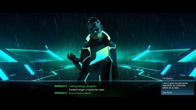 A Tron character named Proxy stands in the rain in front of some glowing architecture. She is talking to the player, asking your name.