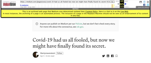 A post removed from Medium for making unsubstantiated claims about COVID-19, with a warning label.
