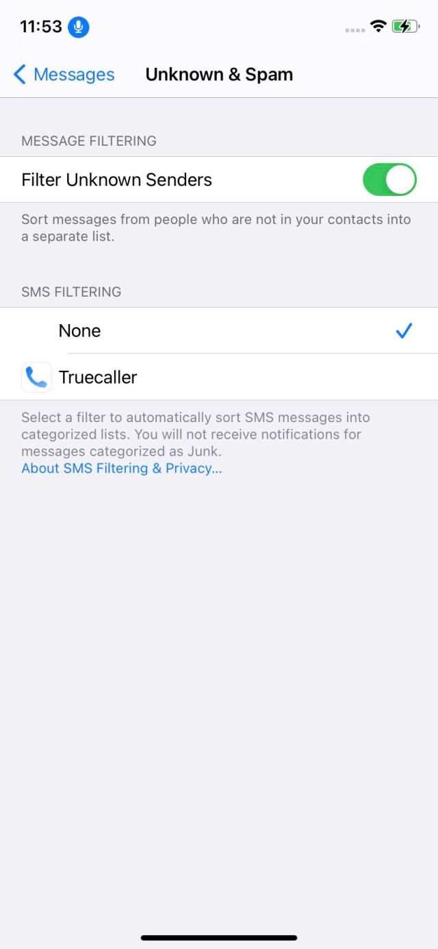 Toggle on “Filter Unknown Senders.”