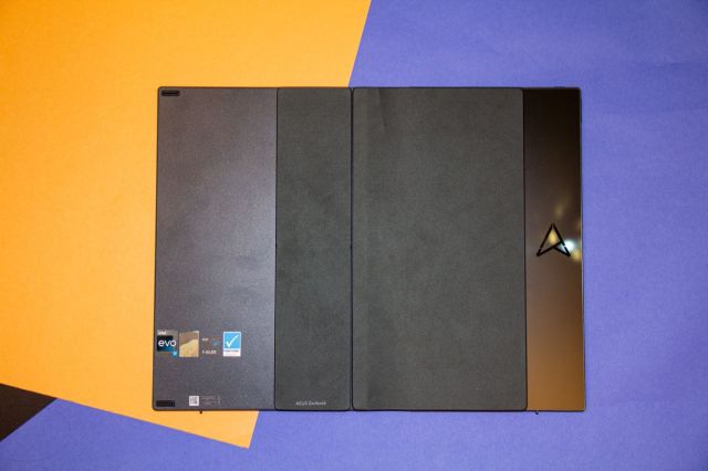 The Zenbook 17 Fold OLED laid out upside down.