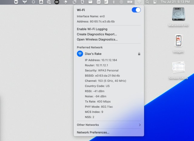 Drop-down menu on Mac to get info on connection