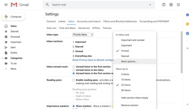 Inbox sections options