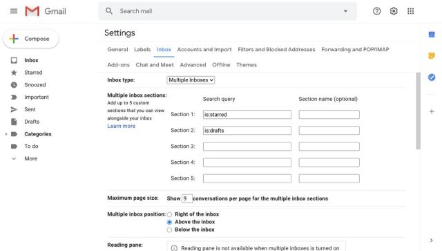 Multiple inbox settings
