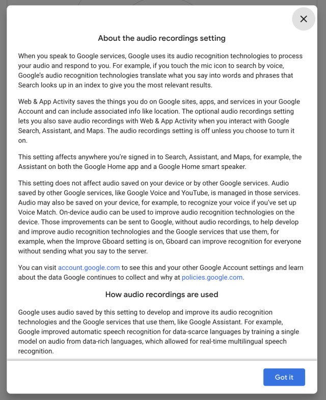 Some of the details you read if you click “Learn more about your audio.”