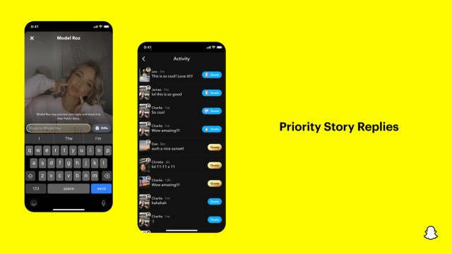 Screen captures of the Snapchat app showing story responses from subscribers at the top of a user’s activity page