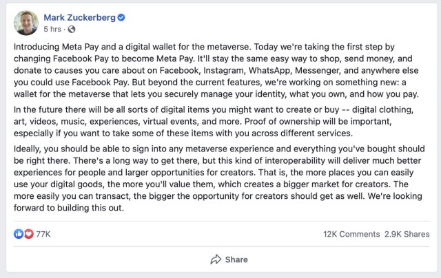 A Facebook post from Mark Zuckerberg, talking about the company’s plans for Meta Pay and a wallet for the metaverse.