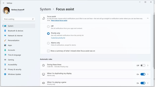 Within system settings, you can decide when you want Focus assist to activate, and for which notifications.