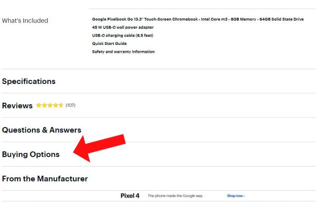 Best Buy page listing for the Google Pixelbook Go