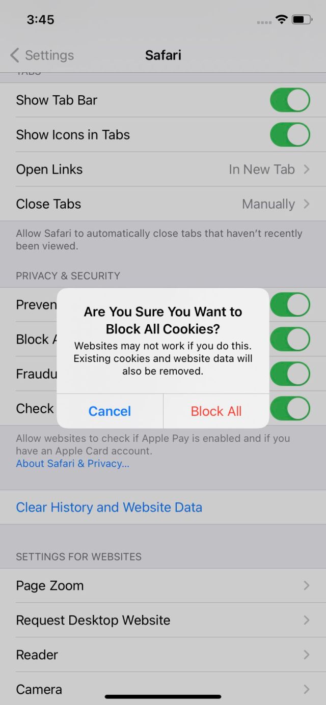 Enabling “Block All Cookies” is more secure, but can also be inconvenient