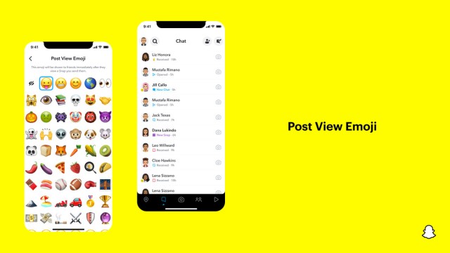 A screen capture of the Snapchat app showing two screens: one with a grid of emoji to select from, and another showing a Snap from a friend with an emoji indicator.