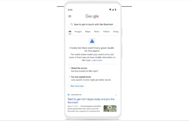 A warning on a Google search for “how to get in touch with the Illuminati.”