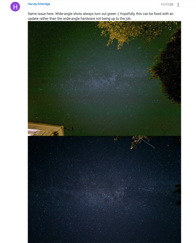 A screenshot of a forum post comparing the two camera’s results in astrophotography mode.