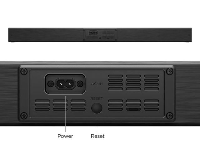 Rear of the TCL Roku TV wireless soundbar with one power port, a reset button, and no other ports
