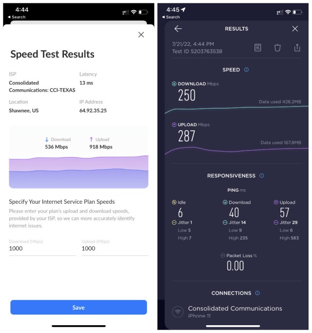 Two speed test displays