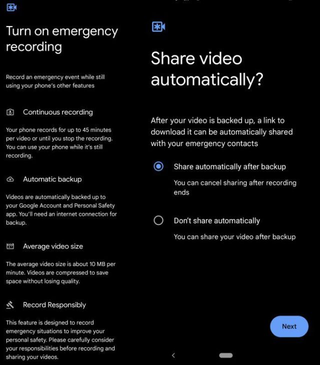 Pixel Emergency SOS settings screens