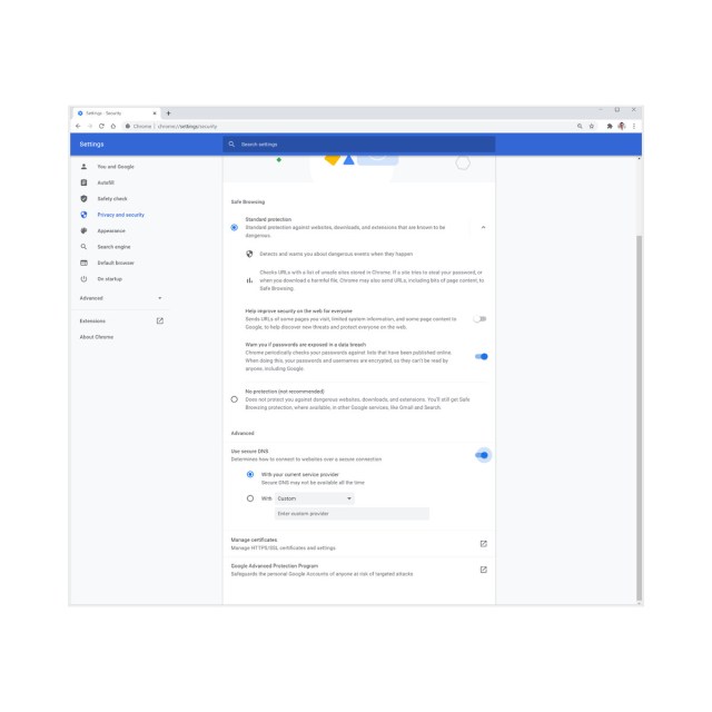 Encrypted DNS settings in Chrome