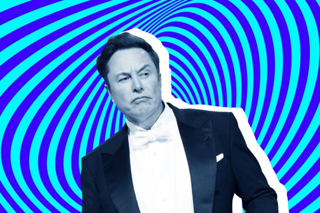 An image of Elon Musk on a blue illustrated background.