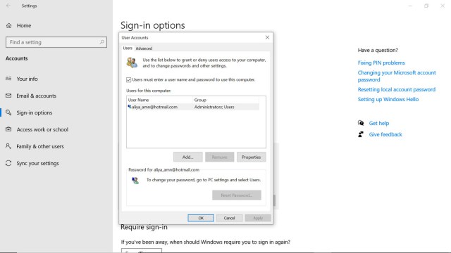User Accounts window