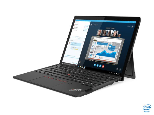The Lenovo ThinkPad X1 Detachable in laptop mode, angled to the left side.