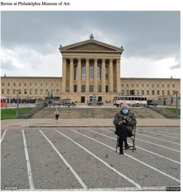 Bernie Sanders sitting in front of the Philadelphia Museum of Art