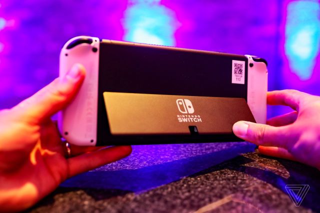 The rear of the Nintendo Switch OLED, highlighting the improved kickstand.