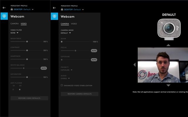 Two screenshots showing Logitech G Hub and the settings that it offers for webcams.