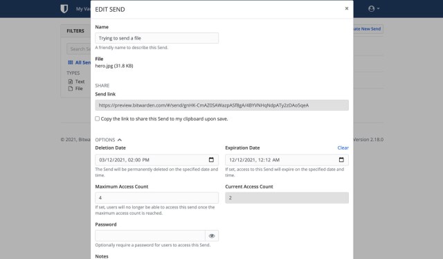 Bitwarden Send generates a link and includes a number of security options