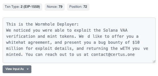 Ethereum transaction data showing a message to wormhole attacker offering a $10 million bounty
