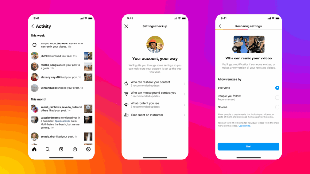 Three mobile phone screens demonstrating Instagram notifications and content settings