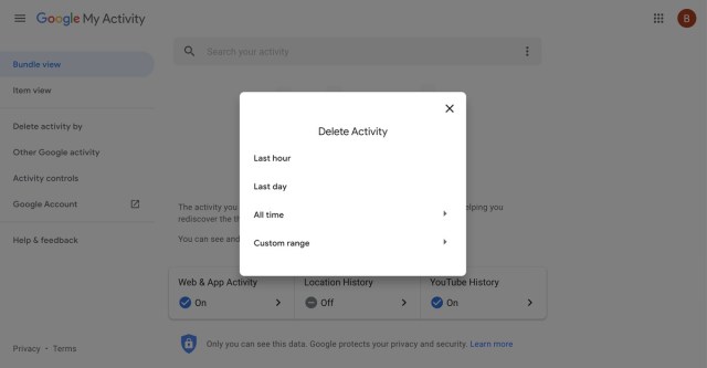 A pop-up window that lets you delete your activity based on time period.