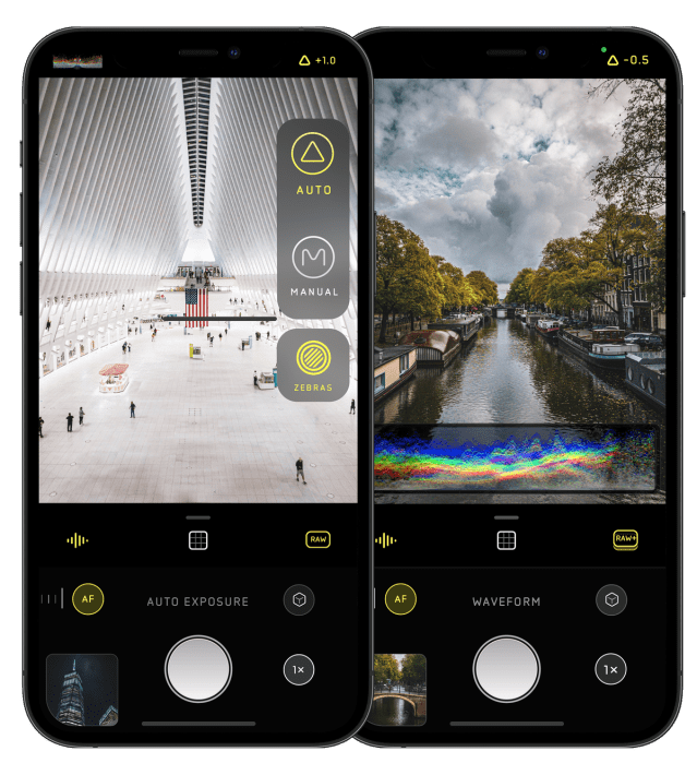 Two screenshots of Halide. One shows options for auto exposure, manual exposure, and zebras. The other shows a waveform at the bottom of the viewfinder.