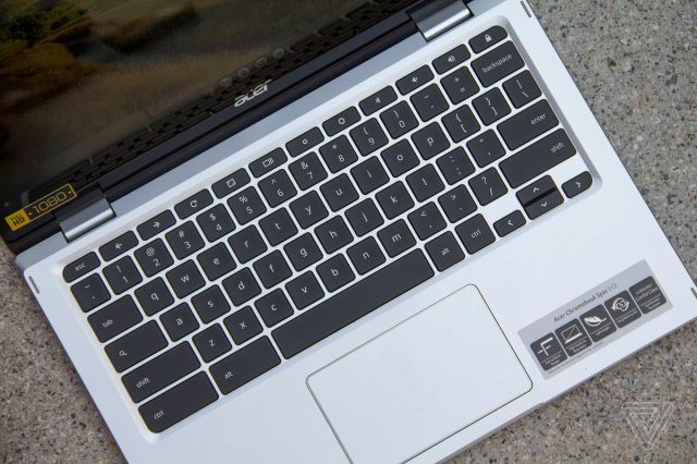 The Acer Chromebook Spin 513 keyboard deck seen from above, angled slightly to the right.