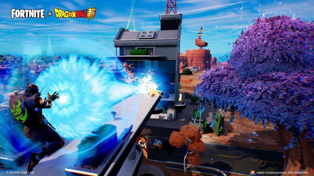 A Fortnite character shoots a Kamehameha beam from their hands.