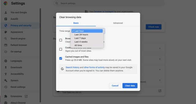 Check the cached images and files box.