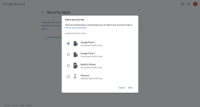 You can choose your phone, a USB drive or an NFC key to act as a security key.