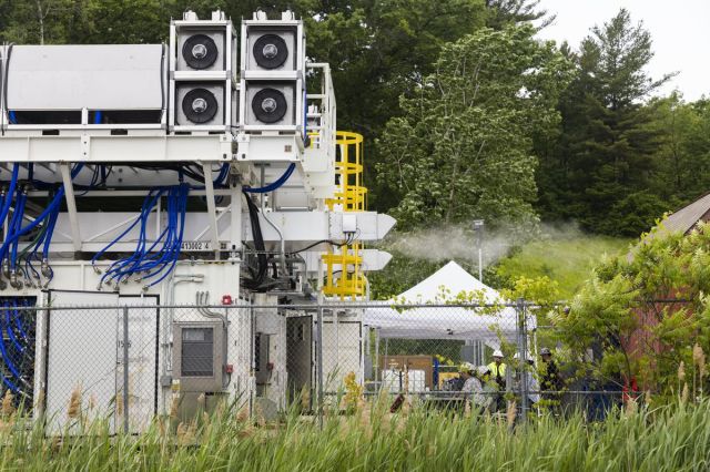 Steam is seen venting from pipes at the top of the shipping containers during a test of the three-megawatt fuel cell system.&nbsp;&nbsp;