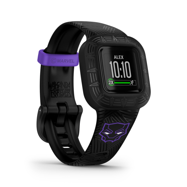 A render of the new special edition Black Panther Vivofit Jr. 3, which adds purple accents on the band.