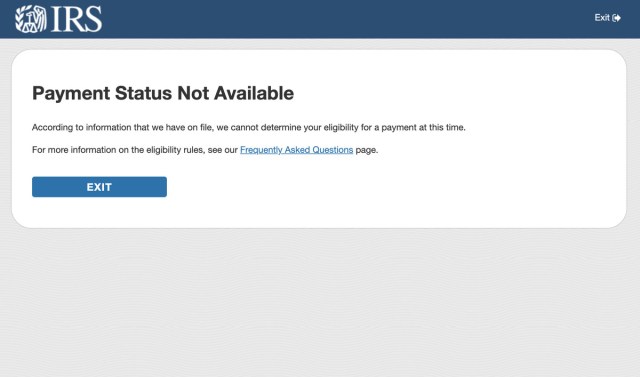 IRS Coronavirus relief “Payment Status Not Available” message