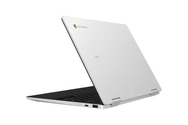 The Samsung Galaxy Chromebook 2 open on a white background facing away from the camera.