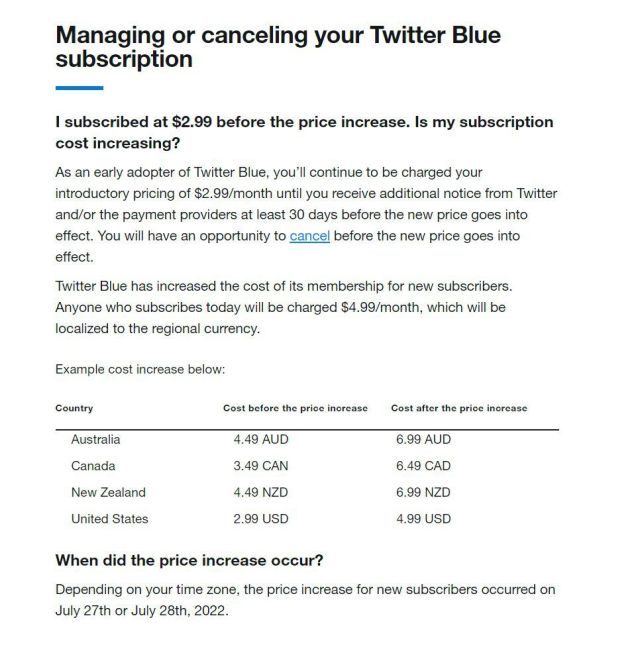 The Twitter Blue subscription price is increasing to 6.99 per month in Australia, 6.49 per month in Canada, 6.99 in New Zealand, and $4.99 in the US.