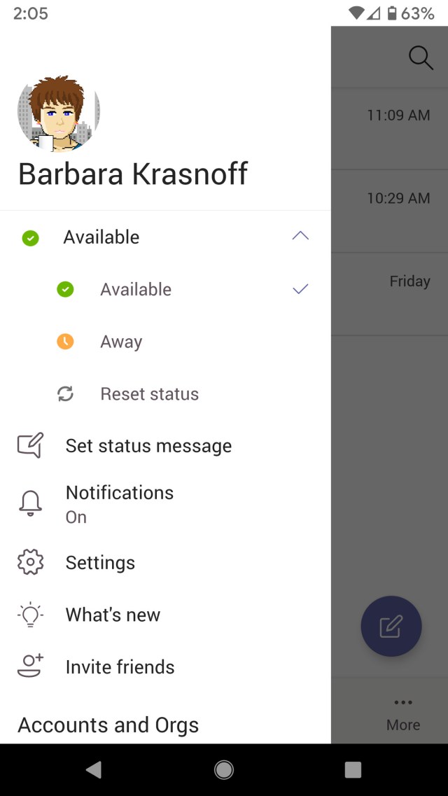 The menu icon lets you advertise your availability, among other tasks.