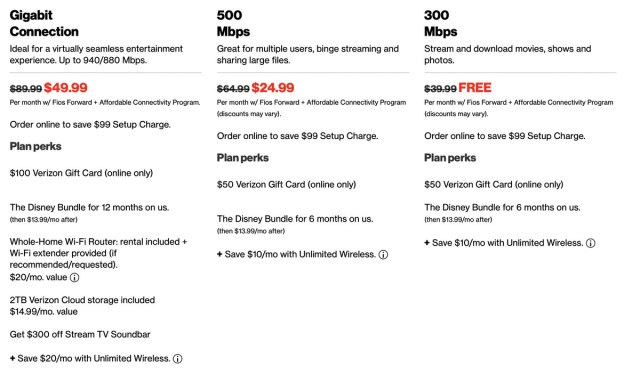 Image showing Verizons website, which lists a gigabit connection plan for $49.99, a 500 Mbps plan for $24.99, and a 300 Mbps plan for free.