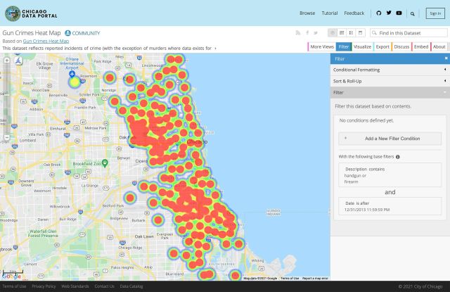A screenshot of the City of Chicago’s Gun Crimes Heat Map. The heat map indicates there are numerous reported incidents in and around Chicago.