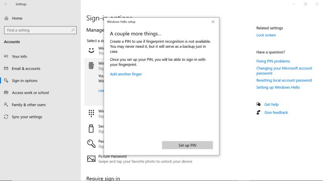 Instructions asking to set up a PIN as a backup