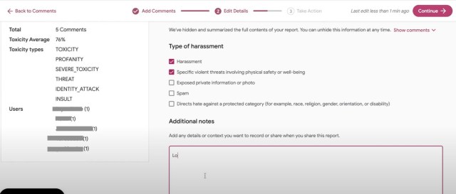 A screenshot of the reporting option in Jigsaw’s Harassment Manager