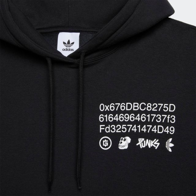The hoodie lists the blockchain address: 0x676DBC8275D6164696461737f3Fd325741474D49 