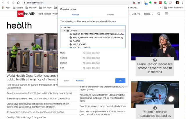 Chrome cookies drop-down