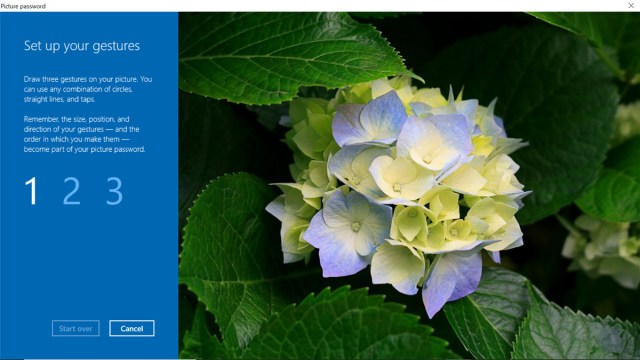 Picture password setup page for choosing gestures