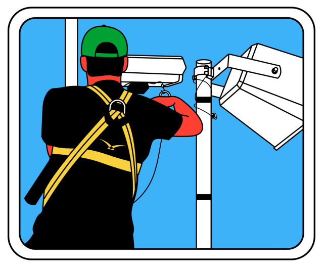 An illustration of a man setting up a Hawk-Eye camera.